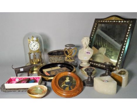 Collectables in a brass anniversary style clock with dome, marble bust, postal scales, silver candlesticks (a.f) and sundry, 