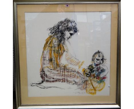 Tom Merryfield (20th century), Mother and child, pastel and mixed media, signed, 84cm x 82cm. ARR