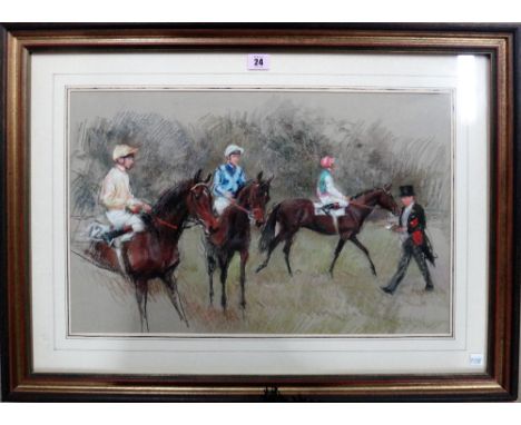 ** Forster, Preparing for the race, pastel, indistinctly signed, 35cm x 55cm. 