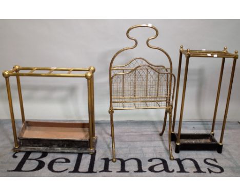 A late Victorian brass six division stick stand, 30cm wide, and another smaller four division stick stand, 52cm wide x 54cm h