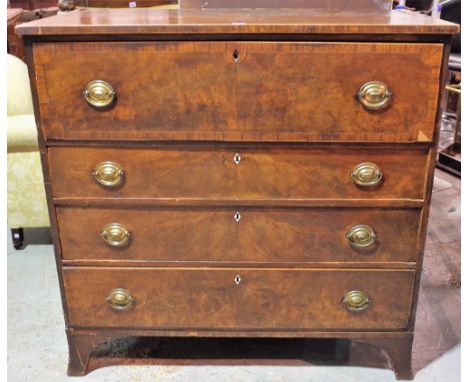 A late George III mahogany secretaire chest of four long graduated drawers on splayed bracket feet, 110cm wide x 108cm high. 