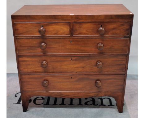 A late Victorian mahogany chest with two short and three long graduated drawers on splayed bracket feet, 105cm wide x 106cm h