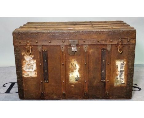 A 19th century oak and canvas bound zinc lined travelling trunk, 90cm wide x 56cm high. 