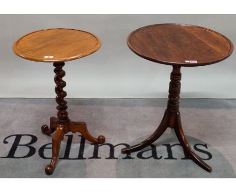 A 19th century mahogany tripod table, circular dished top on ring turned column, 55cm diameter x 64cm high, and another simil