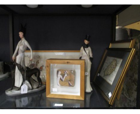Decorative items to include two Michael Sutty figures, Matilda Tumin gouache on wood study, 1996, 8 x 9cm, framed; and waterc