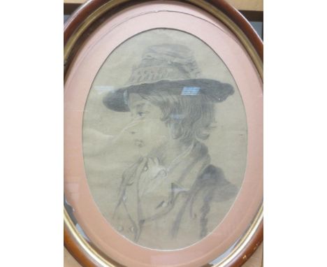 Circle of George Richmond (British, 19th Century), Portrait of a boy in a hat, signed lower right with initials "JB", pencil,