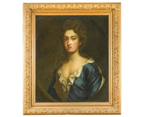 Circle of Sir Peter Lely (Soest 1618 - 1680 London), Portrait of a lady, head and shoulders, in a blue and cream dress, in a 