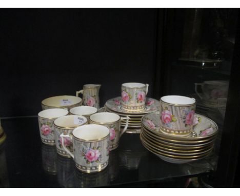 A Derby Sampson &amp; Hancock coffee service, decorated in 18th century style with scattered pink 'Billingsley' roses, compri