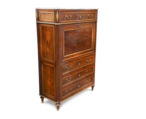 A Louis XVI secretaire mahogany abattant, with a white marble top above a fall containing an arrangement of small drawers, on