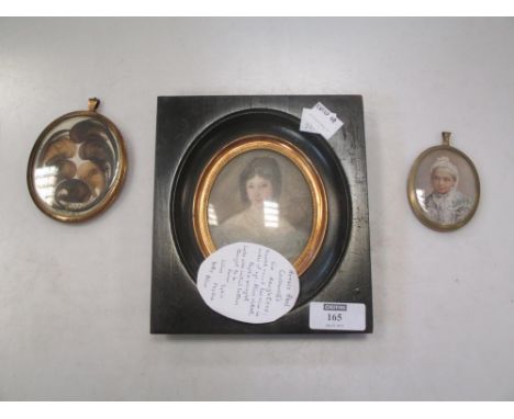 A 19th century gilt metal framed and enamelled hair miniature, named to the rim; a portrait miniature of Lady Croft; and one 