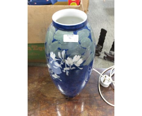 A Royal Copenhagen blue ground vase, decorated with white flowers and foliage, 35cm high; Chinese prunus jar fitted as a lamp