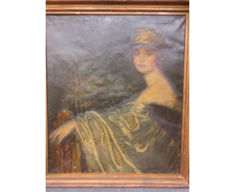 Edwardian School 'Swagger' Portrait of a Lady, seated, her arm resting on a chair, signed lower right "Mark", oil on canvas, 