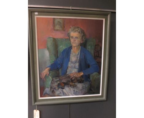 Oliver Campion (b.1928) - Portrait of a lady with terrier asleep on her lap, Signed lower right Oliver Campion, Oil on canvas