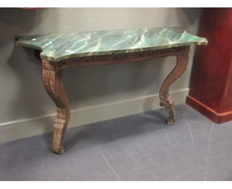 Louis XVI style carved gilt wood console table, with green faux marble shaped top, 120cm wide  