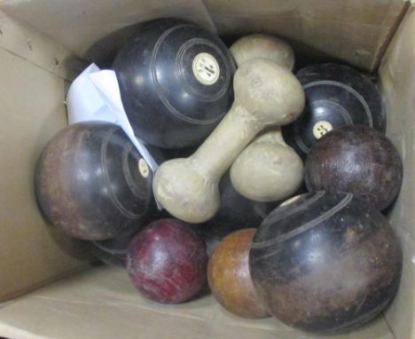 Four croquet mallets &amp; balls together with a selection of bowling woods, and Dean &amp; Sons labelled wooden box for Badm