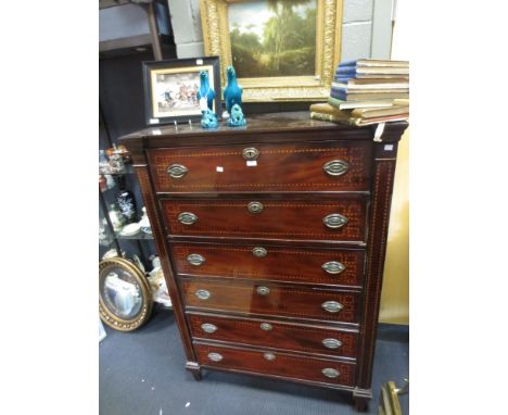 A 19th century Dutch mahogany and chevron inlaid chest of six drawers, 146 x 103 x 46.5 cm.  