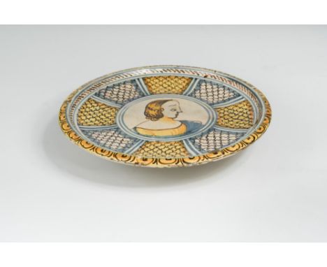 An 18th century Italian maiolica tazza, decorated to the centre with a portrait of a young lady, within an alternating yellow