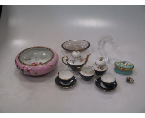 A Lalique glass fish figure, a Chinese cloisonne floral bowl, reproduction musical patch box, Caverswall miniature teaset, an