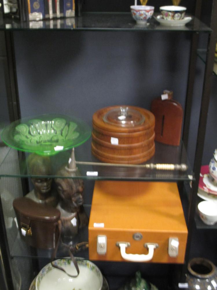 Pair of Zeiss binoculars, hip flask, candle snuffer, green glass bowl