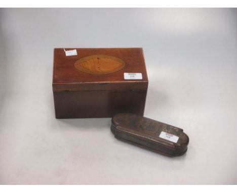 An 18th century Dutch brass and engraved tobacco box with Old Testament scene, and a George III tea caddy (2)  