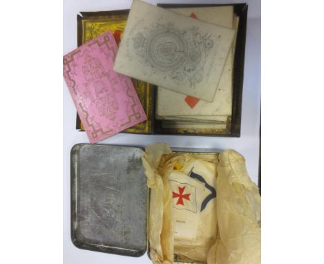 A set of Reynolds playing cards circa 1870, a small quantity of silks and a collection of pens and biros  