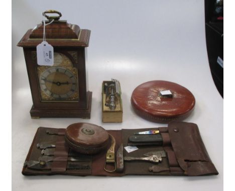 A Frodsham 20th century mantel clock; two vintage tape measures; a mantel clock; champagne tap; a Rogers Sheffield interchang