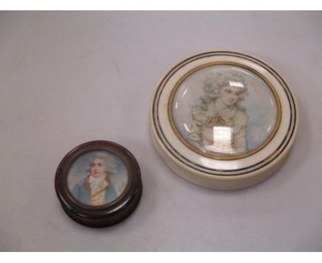 A 19th century treen circular box with male-portrait miniature to the cover signed Bingle, 6cm diam; and an early 19th centur