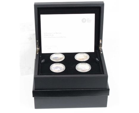 United Kingdom, The Royal Mint, A Portrait of Britain, 2016 Silver Proof Four-Coin Collection, four colourised £5 coins to in