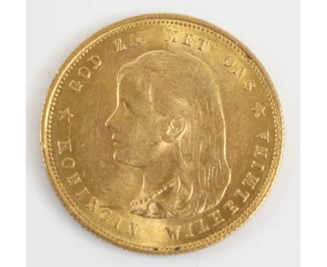 Netherlands, gold 10 gulden, obv: Wilhelmina young portrait left, rev: crowned shield dividing denomination with date below, 