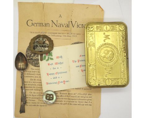 1914 Queen Mary Christmas gift tin, containing Christmas card, Lusitania leaflet, rifle handle teaspoon and a South Lancashir