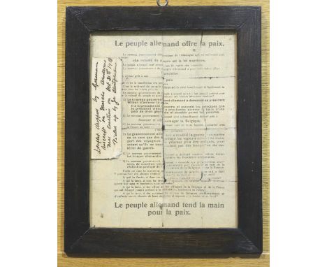 WWI German leaflet dropped by aircraft offering peace in 1918. P&amp;P Group 2 (£18+VAT for the first lot and £3+VAT for subs