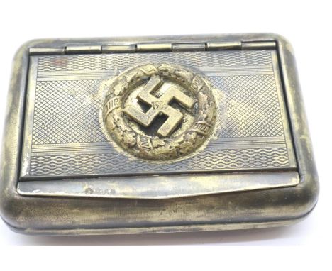 Silver plated table-snuff box, with later applied swastika badge, 12 x 8 cm. P&amp;P Group 1 (£14+VAT for the first lot and £