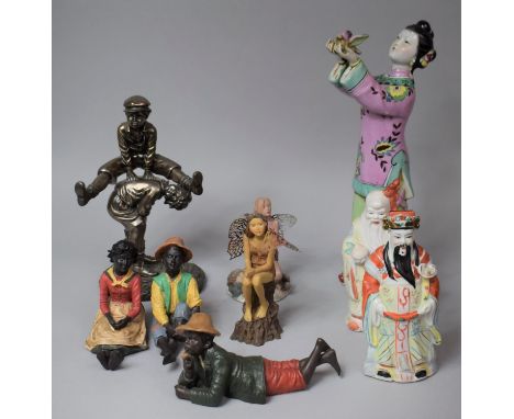 A Collection of Various Resin and Ceramics Figural Ornaments to Include Silvered Study of Boys Playing, Clarecraft Fairies, L