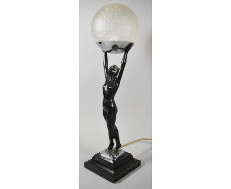 A French Art Deco Figural Table Lamp in the Form of a Nude Girl on Tiptoes Holding Globe, Chrome Base Signed Limousin, Some S