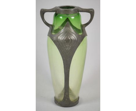 An Art Nouveau Pewter and Green Glass Vase Two Handled Vase in the Loetz Style, 19.5cm high 