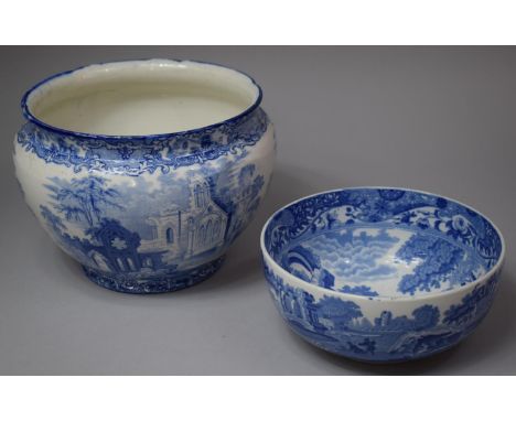 A Copeland Spode Italian Blue and White Bowl, 19.5cm Diameter Together with a Blue and White Abbey Pattern Jardiniere, 25cm D