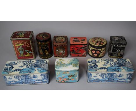 A Collection of Various Vintage Tins to Include Two Blue and White Willow Pattern Examples, Chinoiserie Style etc 