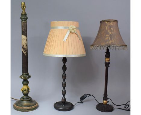 A Collection of Three Tall Table Lamp Bases, Two with Shades, Tallest 75cm high 