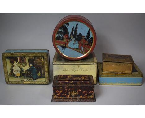 A Collection of Various Vintage Tins to Include Example in the Form of a Tortoise Shell Sarcophagus Shaped Tea Caddy etc 