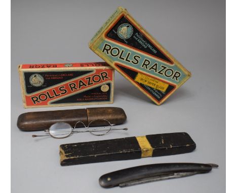 Two Vintage Boxed Rolls Razors Together with Wooden Case, Cut Throat Razor and Pair of Spectacles 