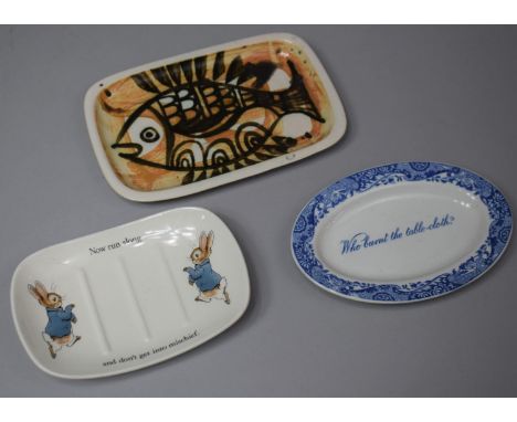 A Blue and White Copeland Spode Italian 'Who Burnt the Table Cloth' Dish, Wedgwood Peter Rabbit Soap Dish and Tremaen Pottery
