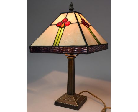 A Reproduction Art Deco Style Metal Table Lamp with Tiffany Style Shade, 36cm high 