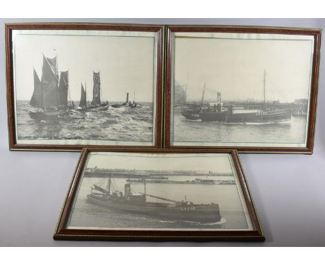 A Set of Three Framed Reprinted Photographs Depicting Vintage Fishing Boats, Each 49x40cm 