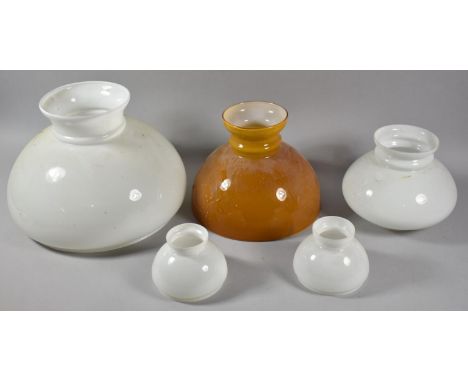 A Collection of Five Various Opaque Glass Oil Lamp Shades, Largest 29cm Diameter 