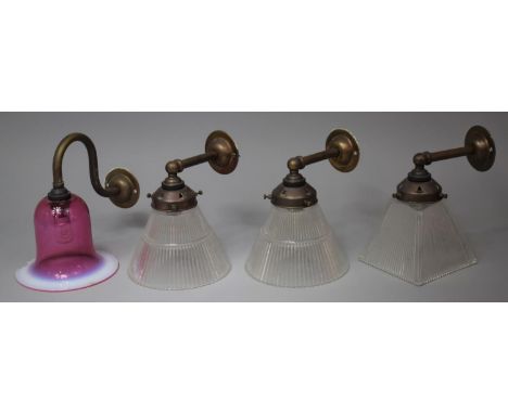 A Set of Four Vintage Wall Light Fittings Three with Ribbed Plain Glass Shades and One with Cranberry Glass Shade (AF)