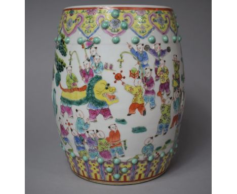 A 20th Century Famille Rose Chinese Child's Ceramic Window Seat of Barrel form with Pierced Sides Decorated with Children Pla