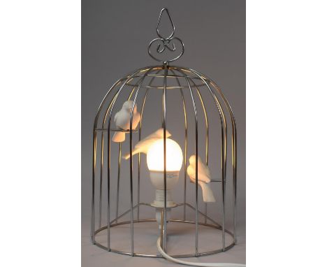 A Modern Novelty Table Lamp In the Form of Birdcage with Three Birds, 38cm high 