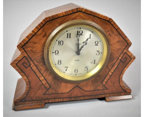 An Art Deco Inlaid Burr Walnut Mantle Clock with 8 Day Movement by Smith, 20cm wide and 16cm High 