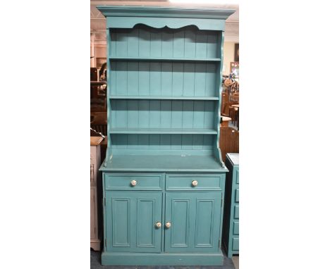 A Blue Painted Modern Dresser with Two Drawers Over Cupboard Base, Three Shelf Plate Rack, 91cm Wide 