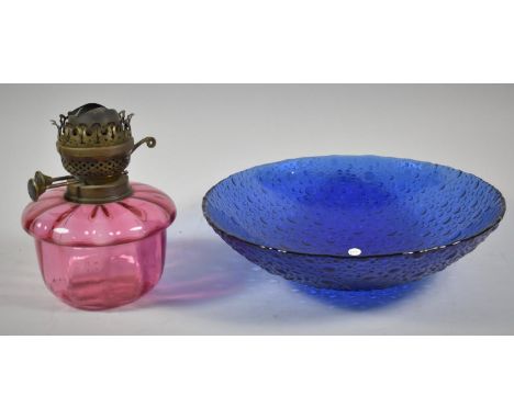 A Cranberry Glass Oil Lamp Together with a Blue Glass Bowl 